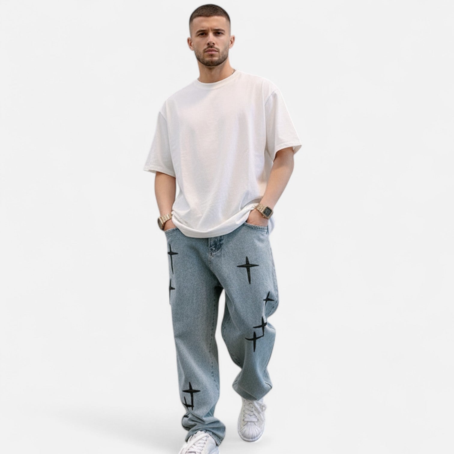Kozori | X Prints Baggy Wide Leg Denim Jeans