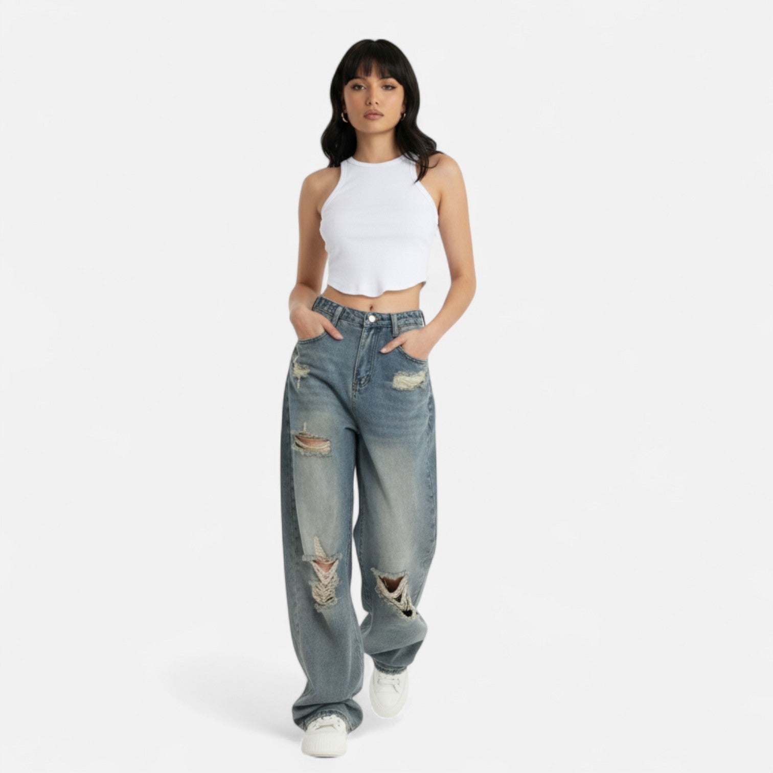 Kozori | Women’s Retro Ripped Wide Leg Jeans